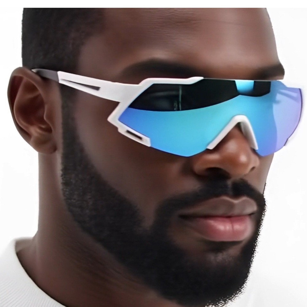 Sport Men Sunglasses White Frame Blue Lens Cycling Running Glasses Wrap Around
